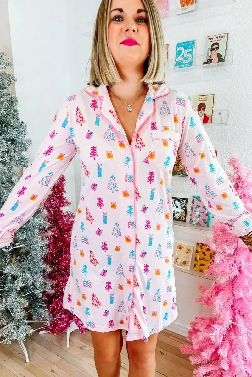 Pink Christmas Twinkle Tree Print Shirt Sleep Dress - Love Salve